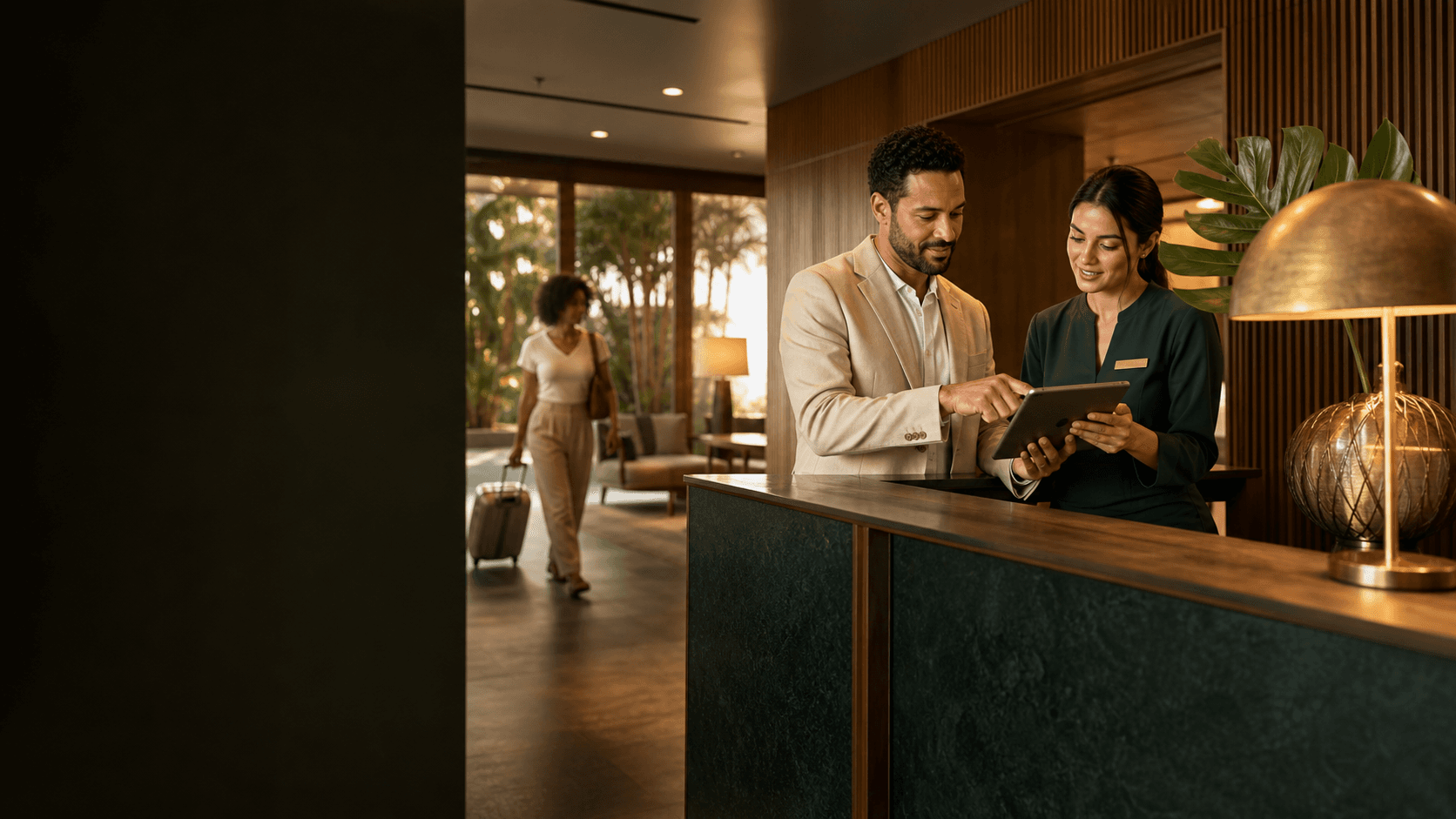 Equipe de hotelaria atendendo um hóspede